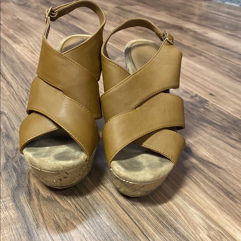 Montego Bay Club Tan Wedge Sandals with Crisscross Straps